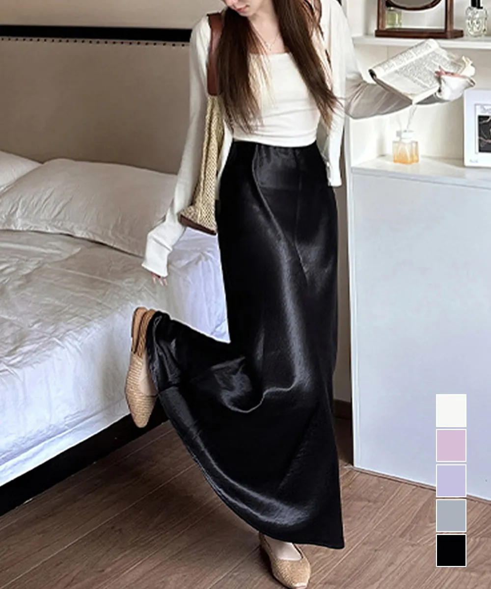 サテンロングスカート 無地｜体型カバー ハイウエストで脚長効果 レディースシンプルフェミニンボトムス