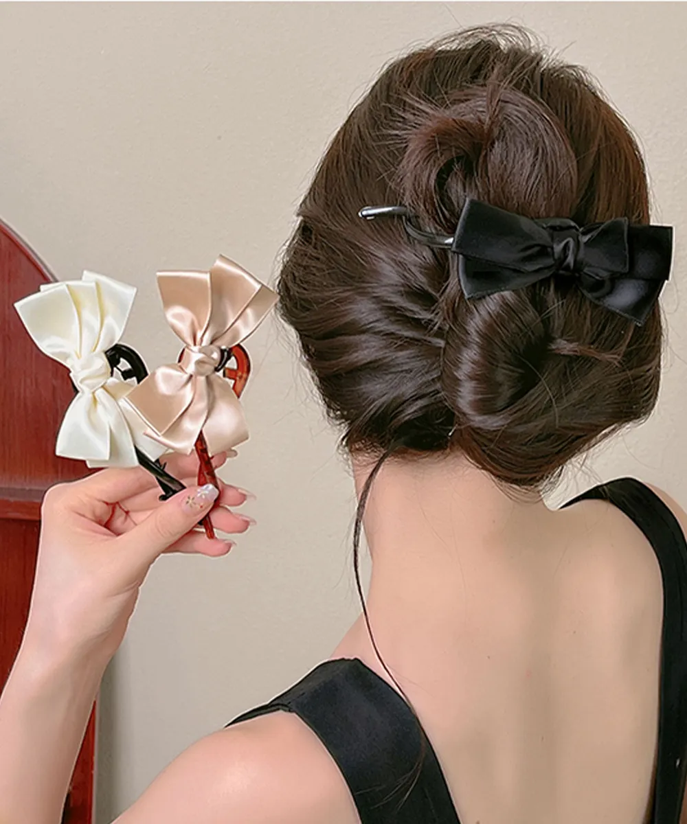 大人可愛いリボン付きバナナクリップ 黒｜上品ヘアアレンジに最適なヘアアクセサリー