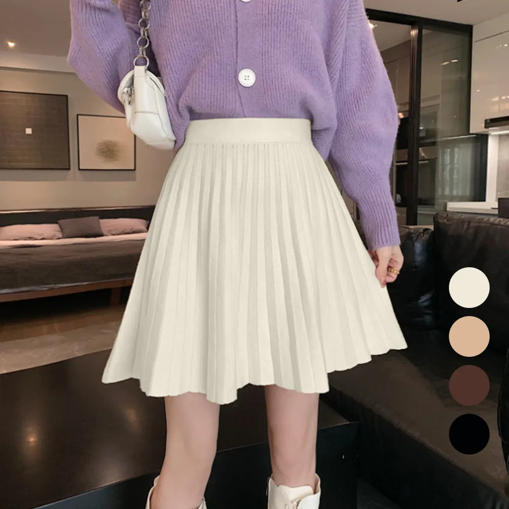 【韓国ファッション】Aライン ハイウエスト プリーツニットスカート レディース ショート丈 4色展開 伸縮性あり