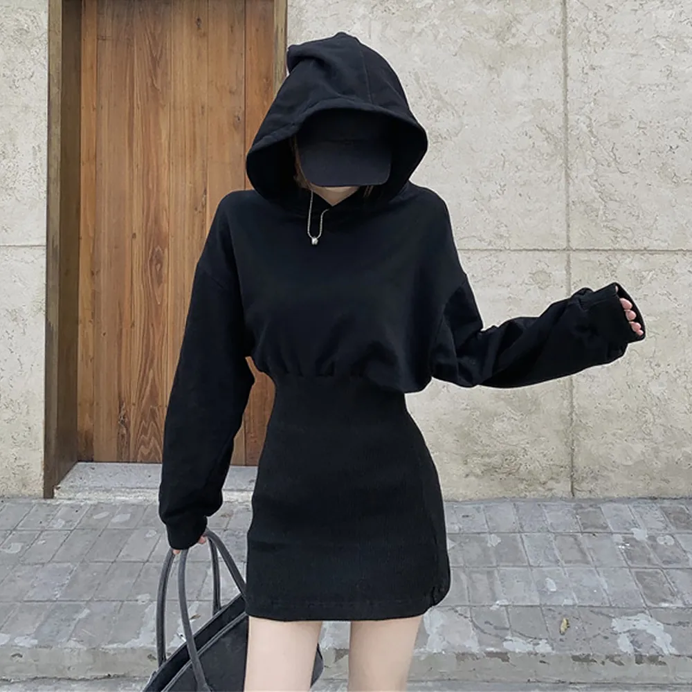 スウェットワンピ フード付き 長袖 黒 ミニ丈 ハイウエスト セクシー 大人フェミニン 春秋 韓国ファッション