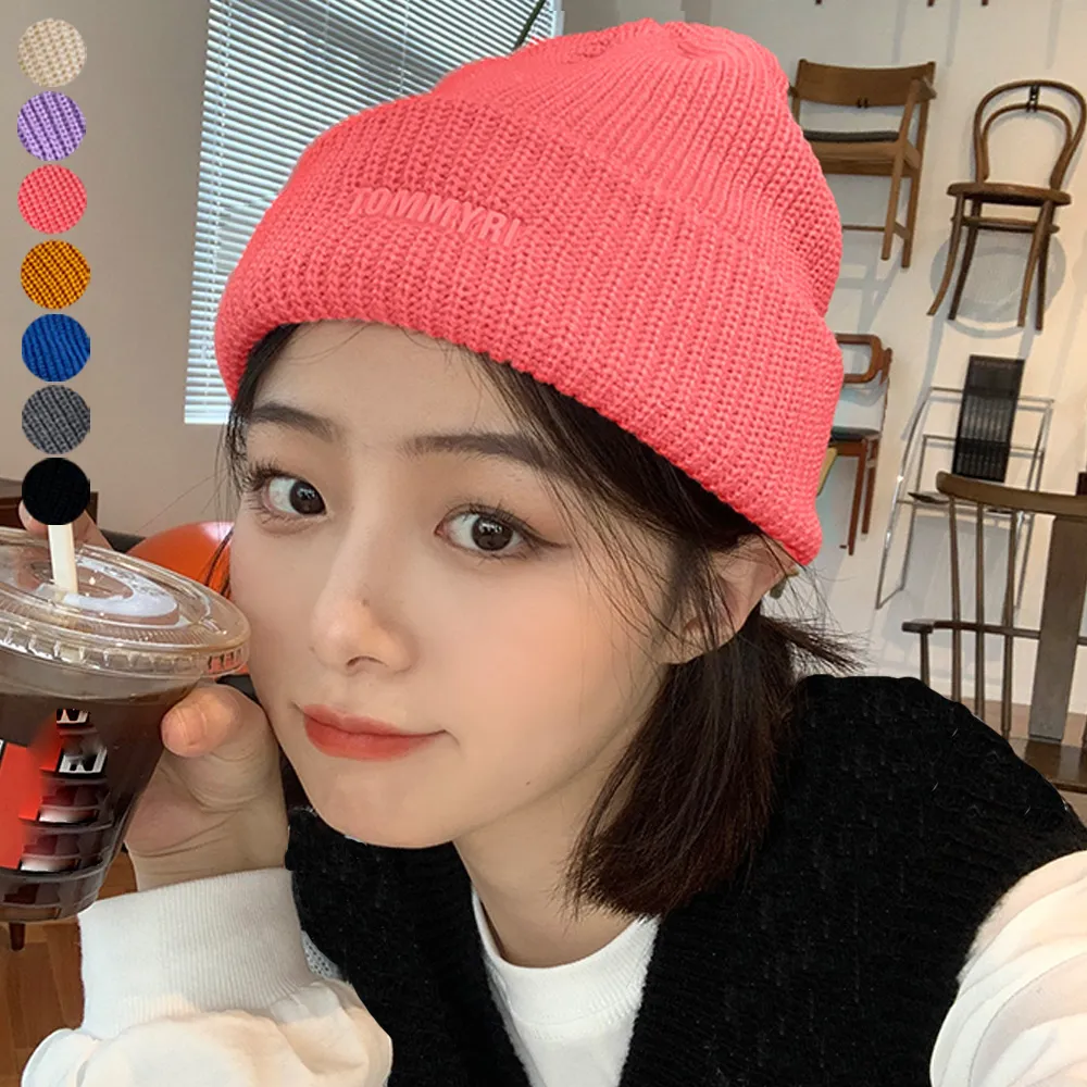 レディース厚手リブニット帽子 英字ロゴデザイン 韓国ファッションシンプルカジュアル 7色選べるナチュラルおしゃれキャップ