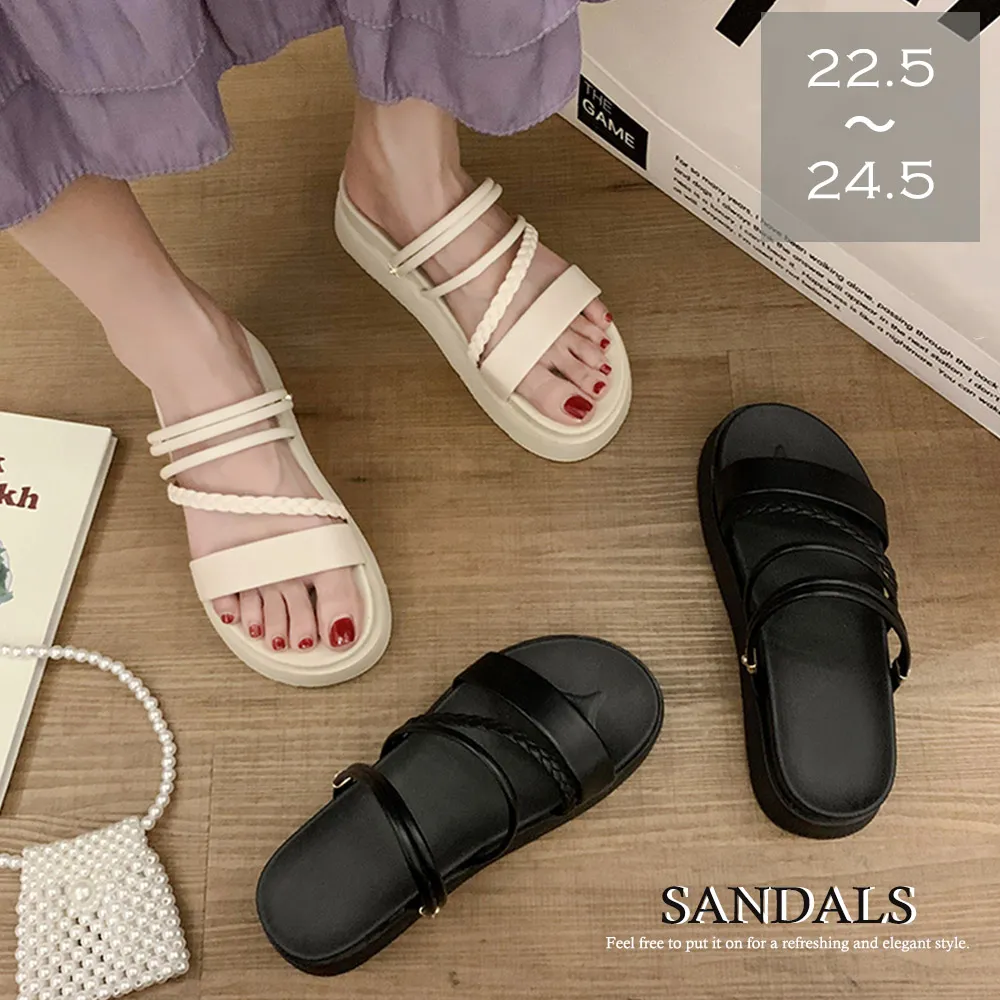 厚底サンダル レディース 編み込みPUレザー カジュアル美脚デザイン 黒/アイボリー 全2色