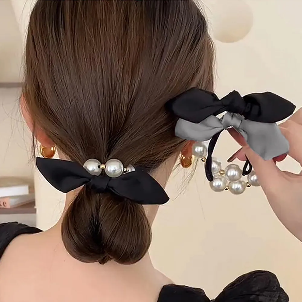 パールリボンヘアゴム - 大人可愛い韓国風ヘアアクセサリー｜ブラック/グレー | オシャレなまとめ髪・ポニーテールに