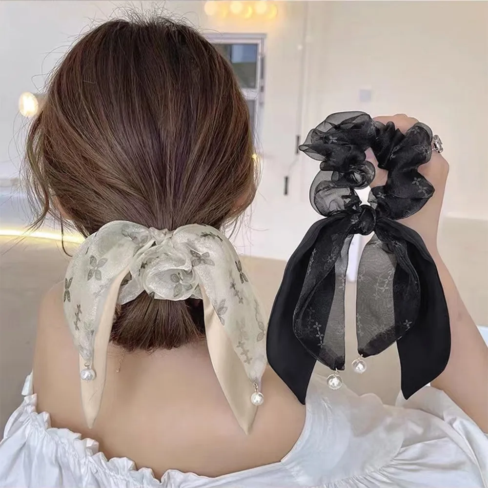 韓国風リボンヘアゴム シュシュ レディース｜パール付きエレガント髪留め・髪飾り 大人可愛いオフィス&パーティー用