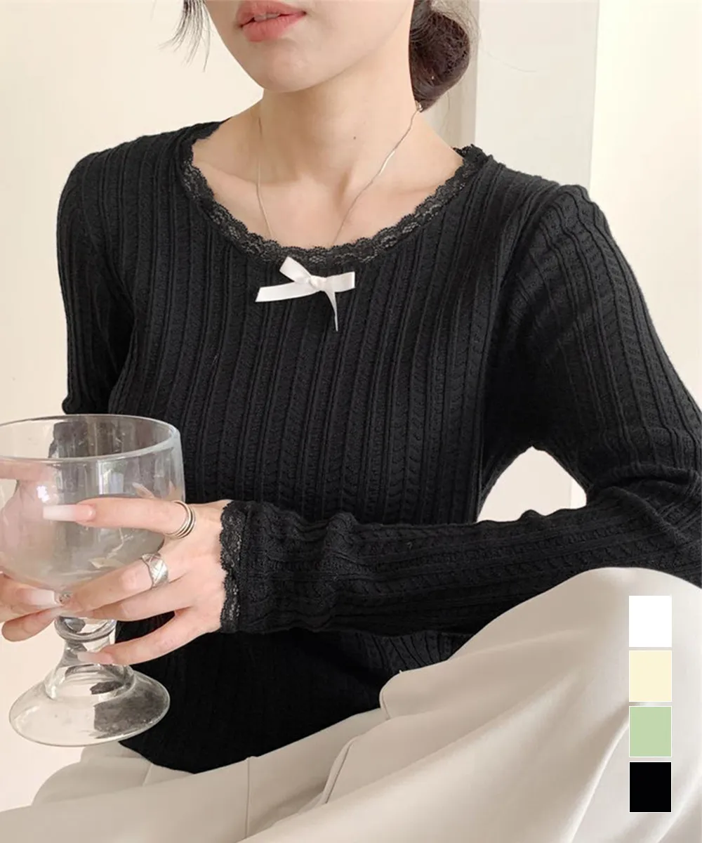 フェミニンデザイン長袖プルオーバー｜リボン付きクルーネックで着やせ効果 春秋服韓国ファッション