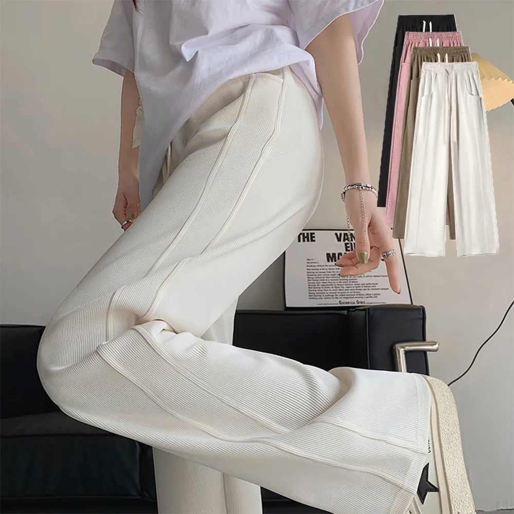 秋冬向け厚手無地ロングパンツ｜レディース脚長効果 ストレートセミワイド ウエストゴム
