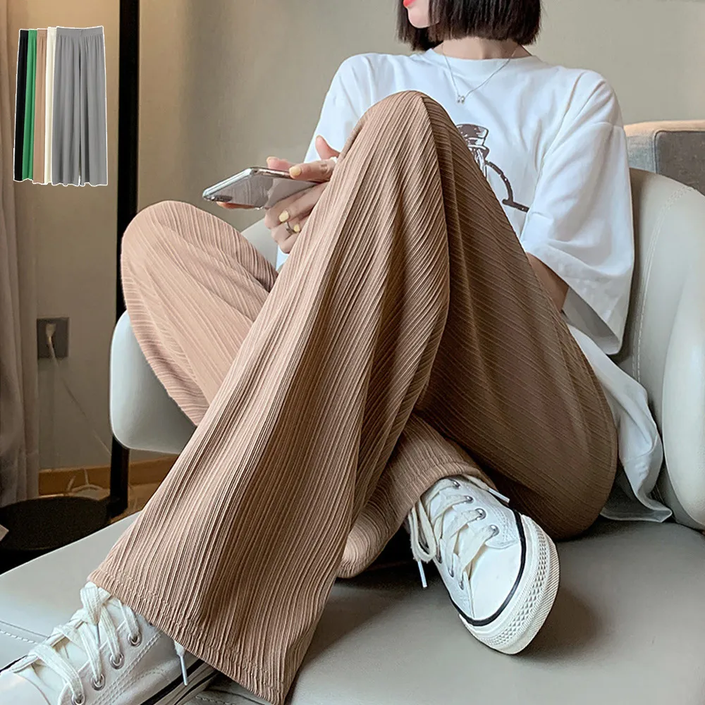 セミワイドプリーツパンツ 高腰デザインで美脚ライン｜伸縮性ありの韓国風レディースロングボトムス【全5色展開】M-L-XL-XXL