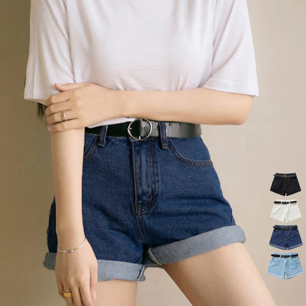 ハイウエストベルト付きデニムショートパンツ 春夏向け美脚デザイン 着やせ効果で洗練コーデ カジュアルホットパンツ 韓国風