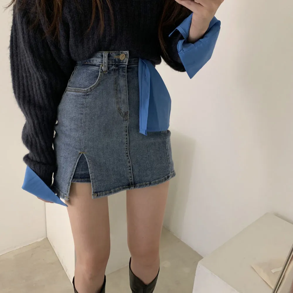 【韓国風】ミニ丈デニムキュロットスカート スリットデザイン ハイウエストタイトで美脚見せ！