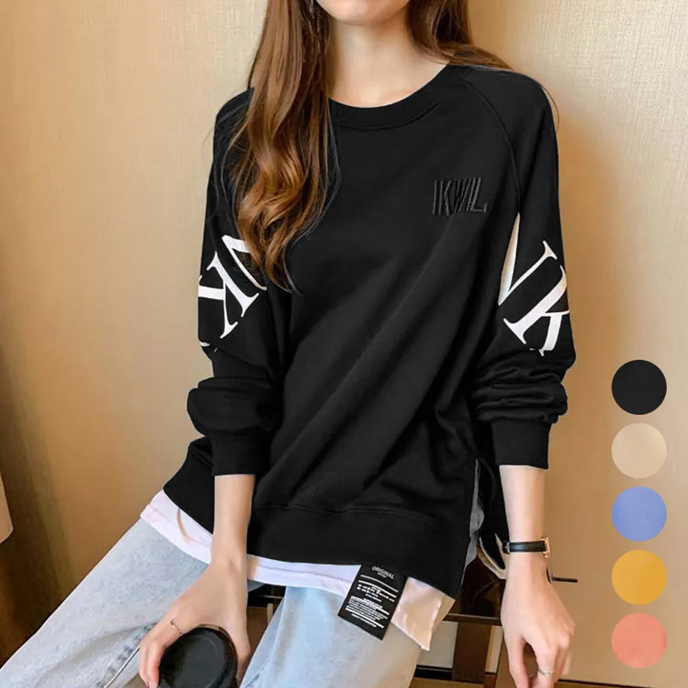 【韓国風レイヤードトレーナー】チュニックロンT 長袖レディース 春秋服ストリート オルチャンスタイル 体型カバー