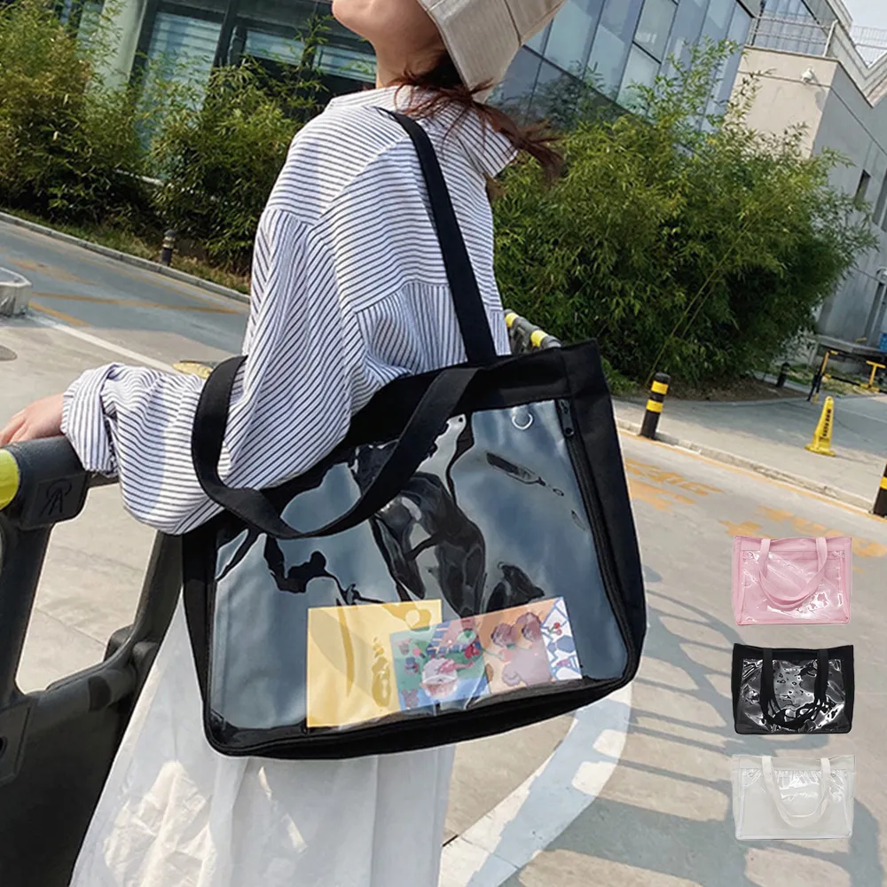 大容量キャンバスバッグ クリアポケット付き 横型トートレディース 可愛い A4対応 通勤通学用