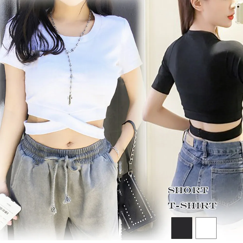 【へそ出し】レディース半袖Tシャツ 無地カットソー ショート丈でスタイルアップ