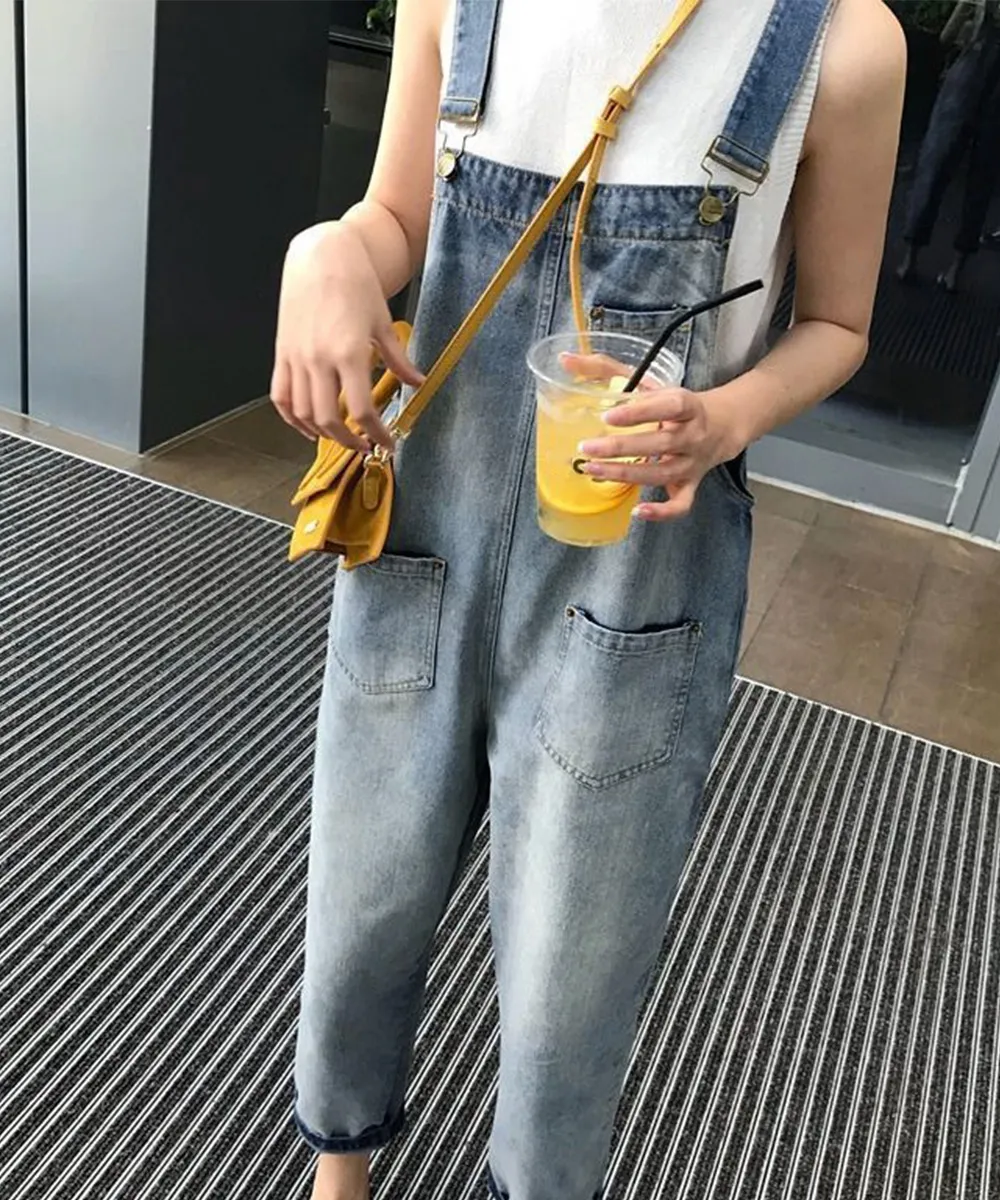 大人可愛いダメージデザインデニムサロペットパンツ | サックス色S/M/L