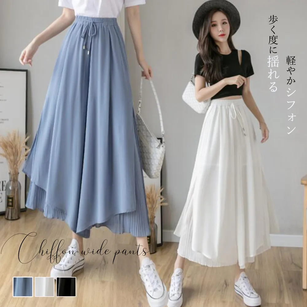 シフォンワイドパンツ 春夏 レディース ウエストゴム プリーツ スカーチョ スカンツ 韓国ファッション